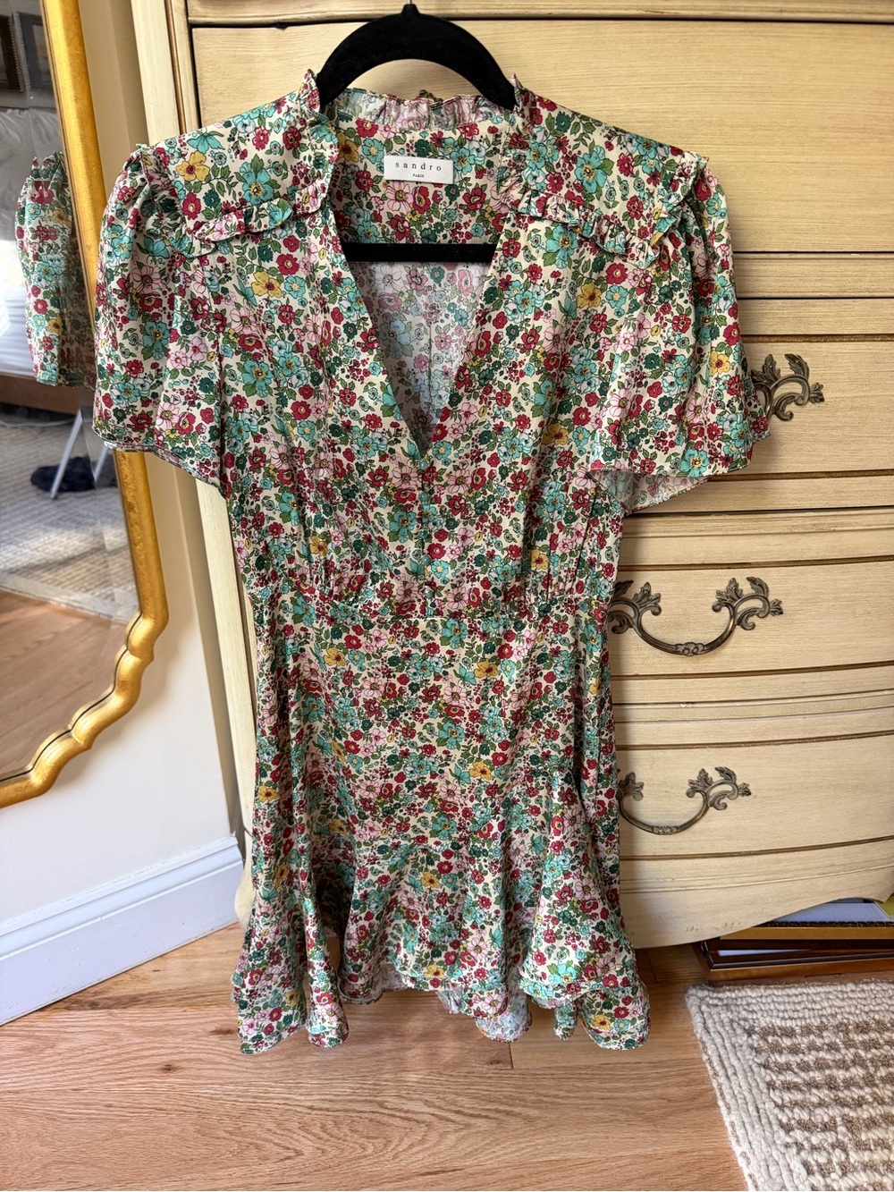 Sandro Floral Mini Dress in Cream, Red & Green
